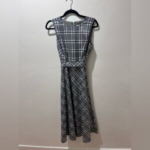 Plaid Sleeveless Calvin Klein Dress - Gray with metallic accents. Jackie O.